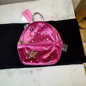 Betsey Johnson Velvet Small Backpack Fuchsia. Beading and Sequin